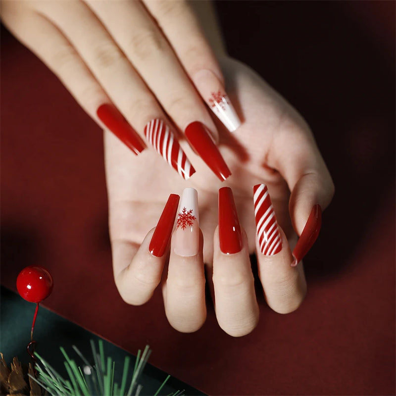 Faux ongles amandes pour Noël, couverture complète, adhésif acrylique, 24 pièces