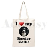 Sac en toile élégant unisexe "I Love My Border Collie", style Harajuku, idéal pour le shopping et un usage décontracté.