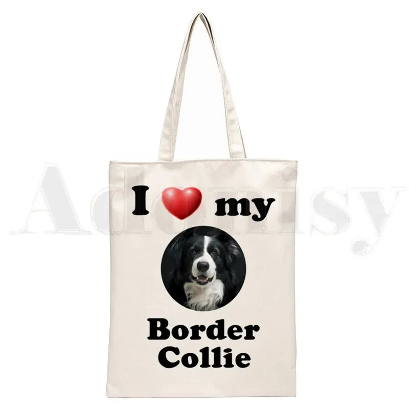 Sac en toile élégant unisexe "I Love My Border Collie", style Harajuku, idéal pour le shopping et un usage décontracté.