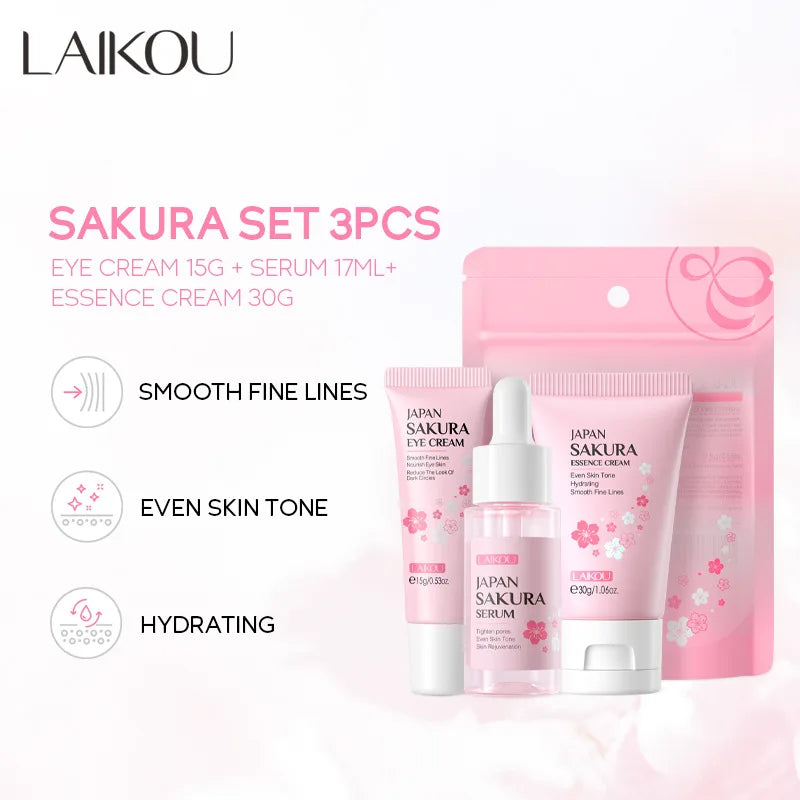 Ensemble de soins de la peau LAIKOU Vitamine C 24K Golden Sakura 3 pièces : Crème pour le visage, Sérum, Crème pour les yeux, Kit de soins hydratants pour le visage.