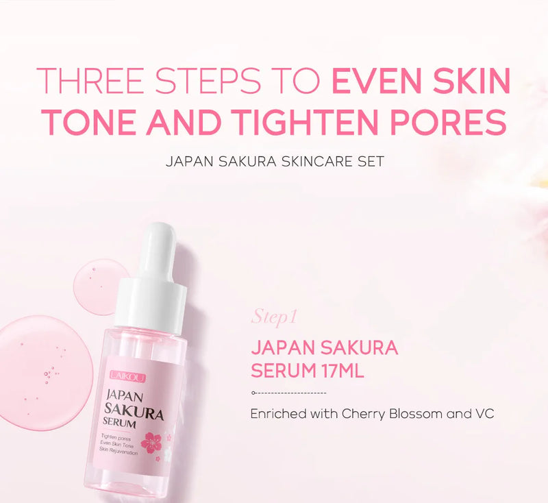 Ensemble de soins de la peau LAIKOU Vitamine C 24K Golden Sakura 3 pièces : Crème pour le visage, Sérum, Crème pour les yeux, Kit de soins hydratants pour le visage.