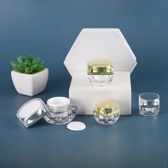 Pot Octogonal Transparent 10g avec Couvercle Doré - Pour Crème, Maquillage & Bijoux