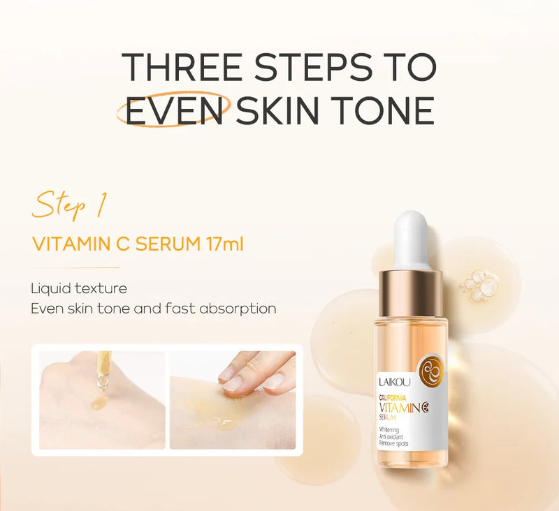 Ensemble de soins de la peau LAIKOU Vitamine C 24K Golden Sakura 3 pièces : Crème pour le visage, Sérum, Crème pour les yeux, Kit de soins hydratants pour le visage.