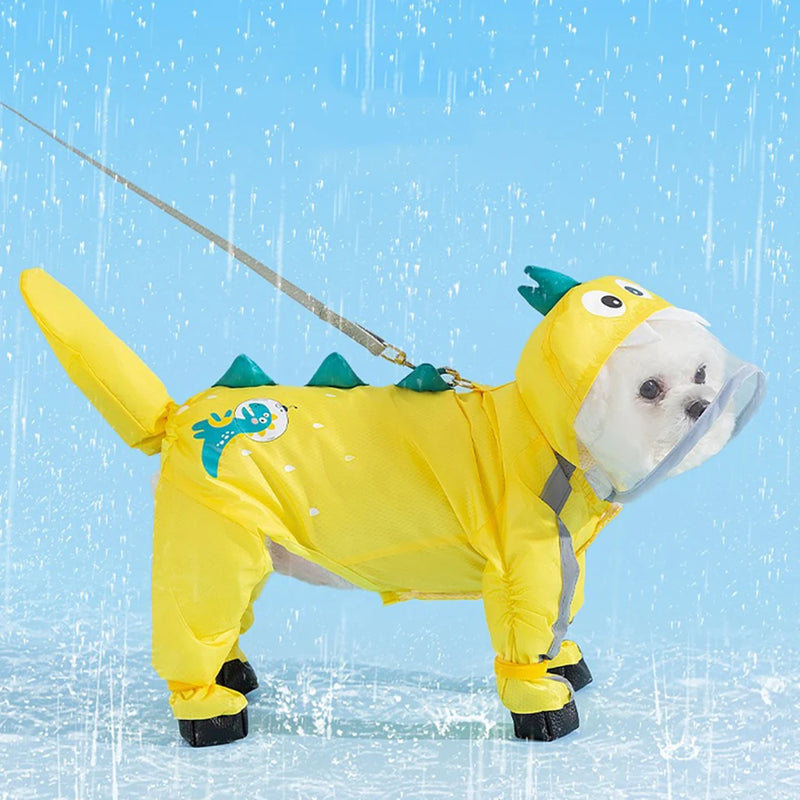 Manteau de pluie dinosaure pour chiot, avec chapeau et attache pour laisse.