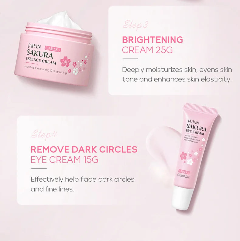 "Kit Visage Sakura : Nettoyant, Sérum, Crème Visage, Réduction des Cernes, Crème Contour des Yeux – Soins de la Peau Coréens"