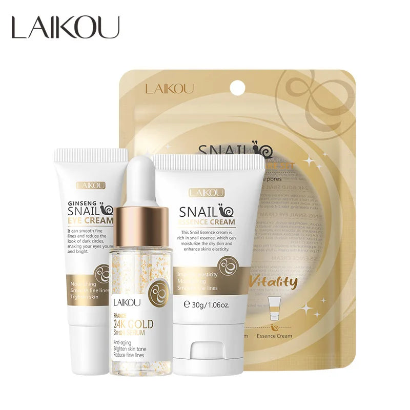 Ensemble de soins de la peau LAIKOU Vitamine C 24K Golden Sakura 3 pièces : Crème pour le visage, Sérum, Crème pour les yeux, Kit de soins hydratants pour le visage.