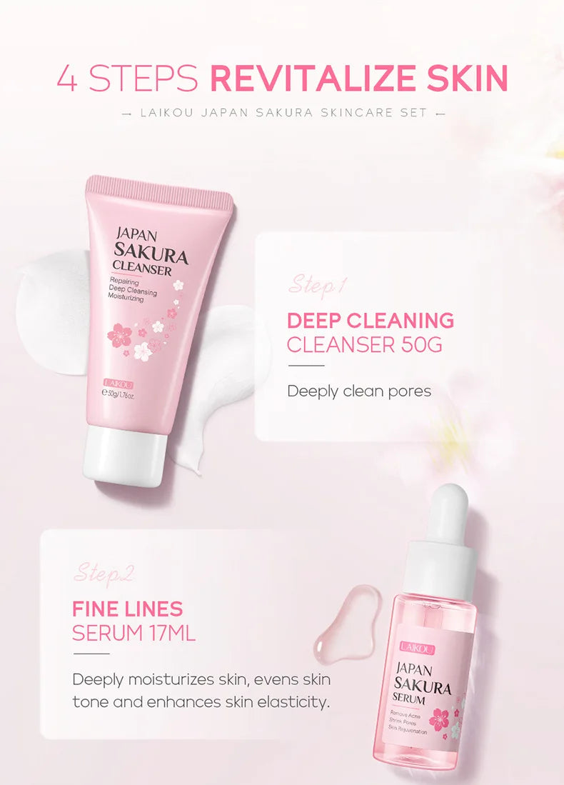 "Kit Visage Sakura : Nettoyant, Sérum, Crème Visage, Réduction des Cernes, Crème Contour des Yeux – Soins de la Peau Coréens"