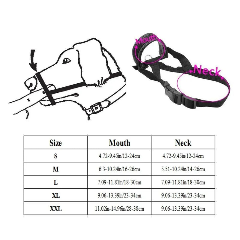 Muselière réglable en nylon pour chien, douce et sûre, anti-morsure et anti-aboiement, avec collier et laisse.