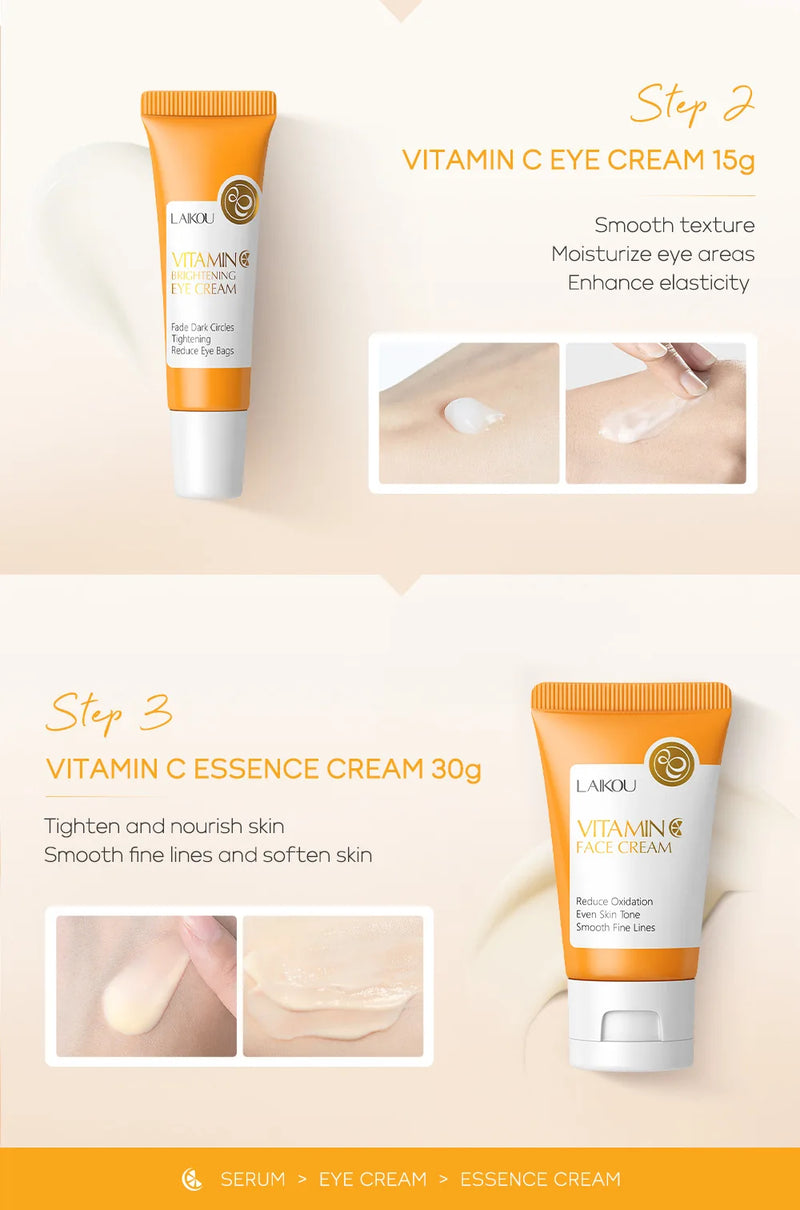 Ensemble de soins de la peau LAIKOU Vitamine C 24K Golden Sakura 3 pièces : Crème pour le visage, Sérum, Crème pour les yeux, Kit de soins hydratants pour le visage.