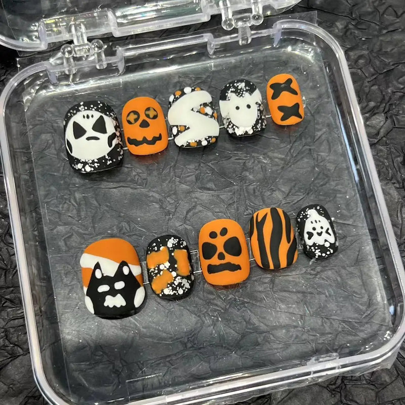 Faux-ongles courts faits à la main pour Halloween, citrouille, sorcière, fantôme, 10 pièces