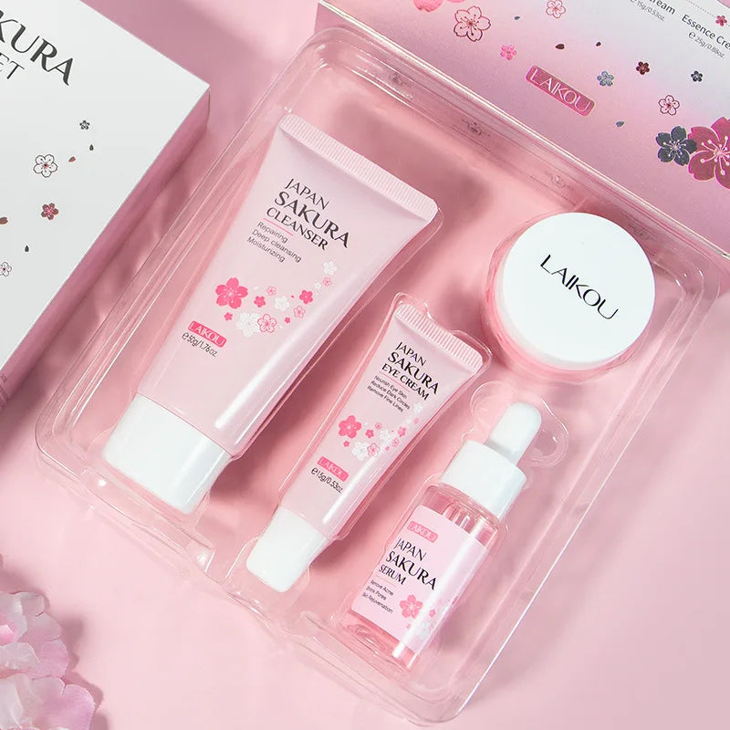 "Kit Visage Sakura : Nettoyant, Sérum, Crème Visage, Réduction des Cernes, Crème Contour des Yeux – Soins de la Peau Coréens"