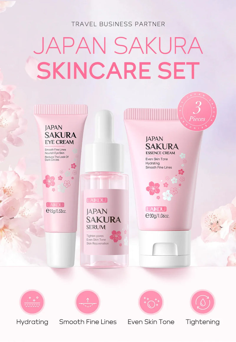 Ensemble de soins de la peau LAIKOU Vitamine C 24K Golden Sakura 3 pièces : Crème pour le visage, Sérum, Crème pour les yeux, Kit de soins hydratants pour le visage.