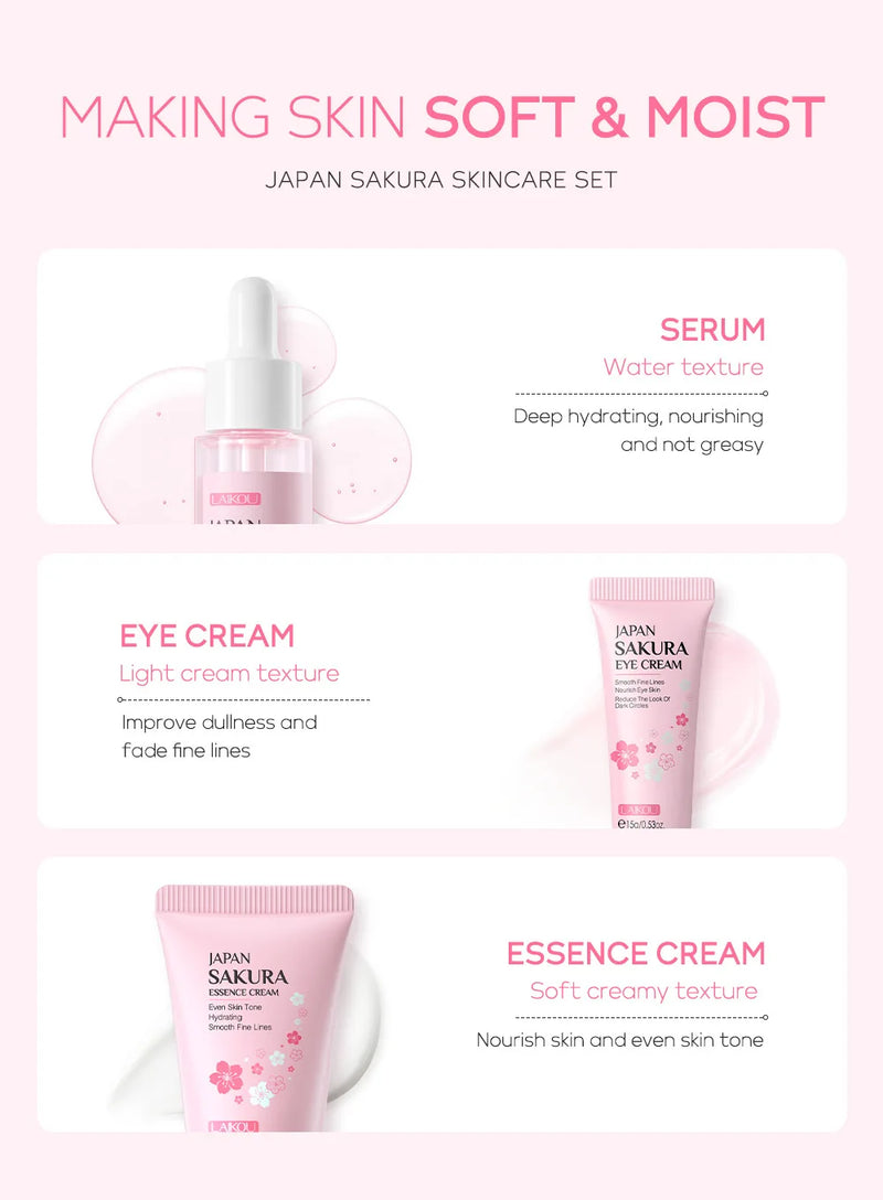 Ensemble de soins de la peau LAIKOU Vitamine C 24K Golden Sakura 3 pièces : Crème pour le visage, Sérum, Crème pour les yeux, Kit de soins hydratants pour le visage.