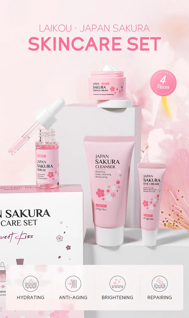 "Kit Visage Sakura : Nettoyant, Sérum, Crème Visage, Réduction des Cernes, Crème Contour des Yeux – Soins de la Peau Coréens"