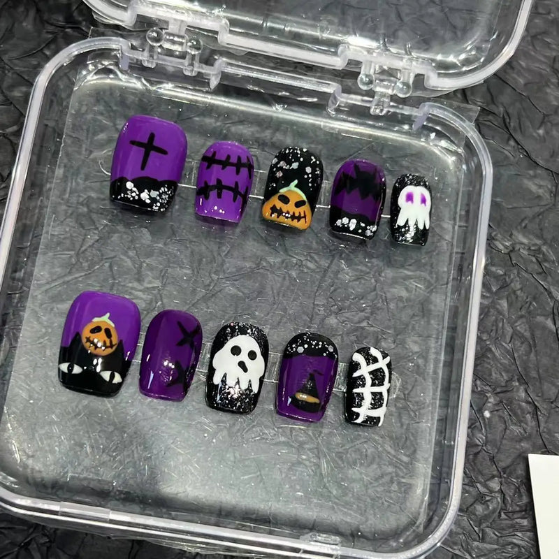 Faux-ongles courts faits à la main pour Halloween, citrouille, sorcière, fantôme, 10 pièces