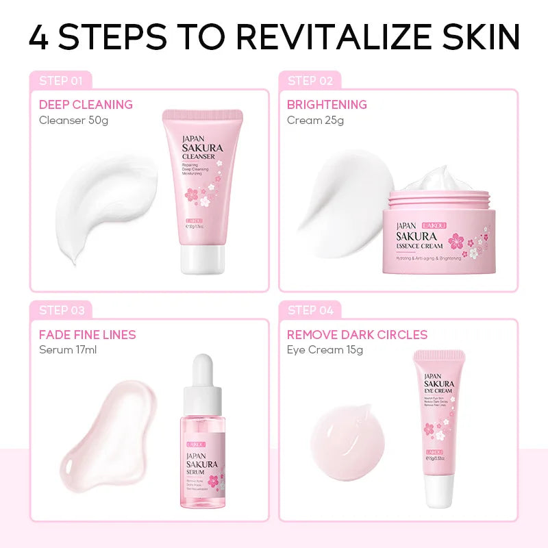 "Kit Visage Sakura : Nettoyant, Sérum, Crème Visage, Réduction des Cernes, Crème Contour des Yeux – Soins de la Peau Coréens"