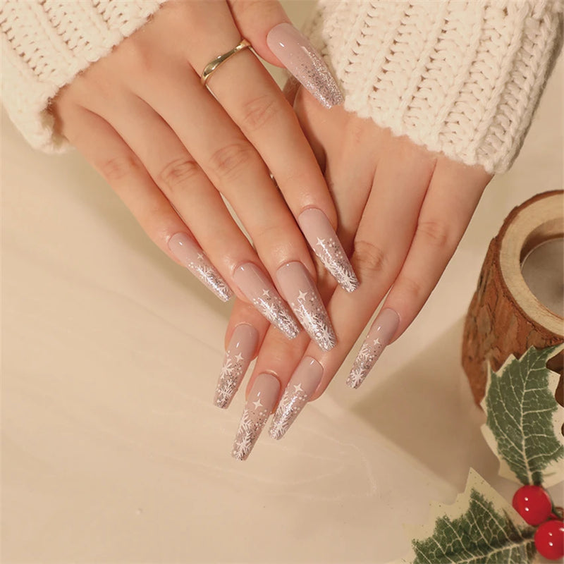 Faux ongles amandes pour Noël, couverture complète, adhésif acrylique, 24 pièces