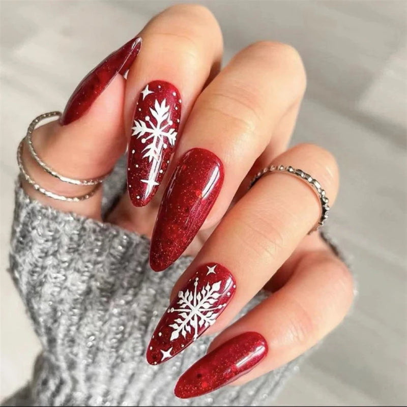 Faux ongles amandes pour Noël, couverture complète, adhésif acrylique, 24 pièces