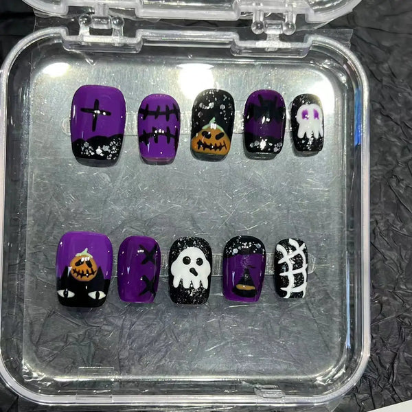 Faux-ongles courts faits à la main pour Halloween, citrouille, sorcière, fantôme, 10 pièces