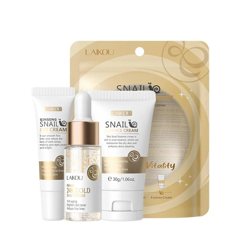 Ensemble de soins de la peau LAIKOU Vitamine C 24K Golden Sakura 3 pièces : Crème pour le visage, Sérum, Crème pour les yeux, Kit de soins hydratants pour le visage.