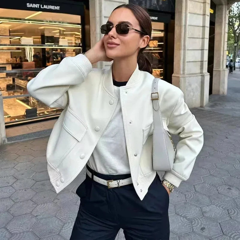 ASDS femme bomber blouson manteau Blanc automne hiver bouton baseball aviateur vestes courtes pour femmes manches longues crop vêtements d’extérieur